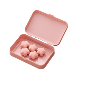 Pink star-shaped quilt clips and comforter fasteners in a portable storage box