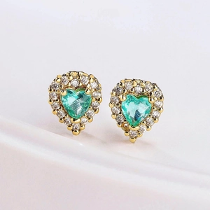 Elegant 18K gold plated heart stud earrings with green zircon and pavé crystal border