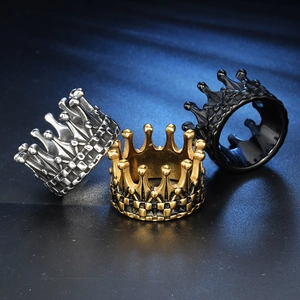 Retro crown rings for men in silver, gold, and black stainless steel finishes