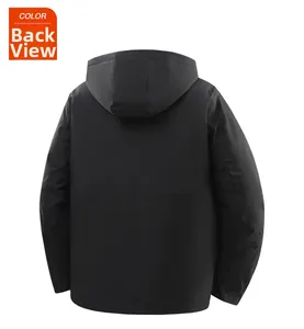 Back view of a men's black insulated winter jacket with a detachable drawstring hood
