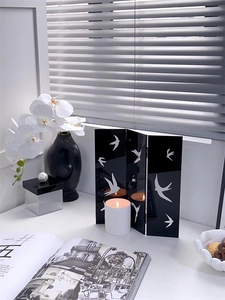 Modern acrylic swallow screen detail with a white candle on a minimalist white desk
