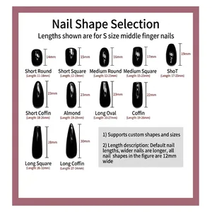 Handmade press-on nails comparison guide showing various shapes and sizes from 14mm to 30mm