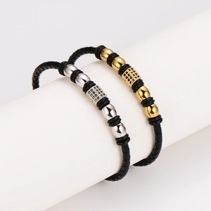 Braided leather bracelets for men with gold and silver beads and micro-paved black zircon
