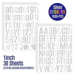 Detail of 1-inch waterproof silver metallic alphabet and number stickers set with 30 sheets