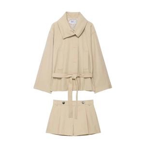 Women's Khaki Short Lapel Trench Coat Jacket Or High Waist Pleated Shorts Casual Solid Color Streetwear Fashion Outwear