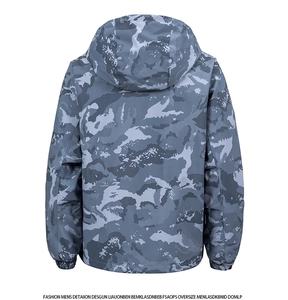 Rear view of men's camouflage windbreaker showing waterproof fabric and hooded design