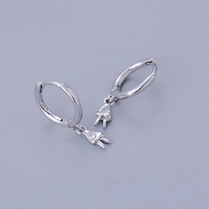 Detailed close-up of S925 sterling silver hoop earrings with victory hand gesture pendants