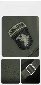 Close-up of military green tactical cap with eagle embroidery and adjustable metal buckle