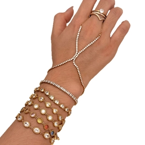 Women Stainless Steel Bracelet And Ring Cubic Zirconia Layered Finger Hand Chain Fashion Trendy Glamorous Accessory