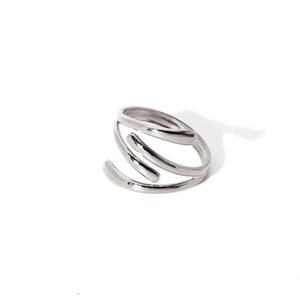 Detailed view of multilayer spiral silver ring with polished metallic finish for women