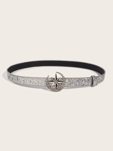 Sparkly silver fashion belt with a rhinestone star and moon buckle for women's jeans