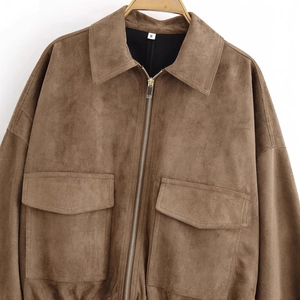 Brown faux suede zipper jacket for women with large lapels and decorative front pockets