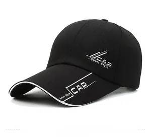 Detail of black canvas baseball cap featuring white CAP Sport Style embroidery and stripes