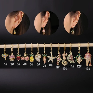Colorful Zircon Huggie Earrings Tropical Fruit Sea Animal Charms Copper Gold Plated Summer Boho Jewelry