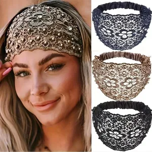 Bohemian hollow lace headband with pearls and rhinestones in four vintage color options