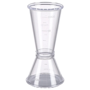 Professional clear double-sided jigger measuring 10cc and 20cc for cocktails and bartending