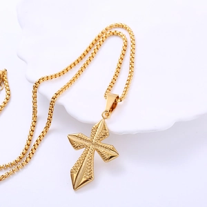 Polished gold stainless steel cross pendant necklace with box chain for men and women