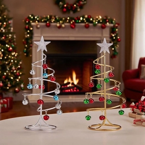 Mini metal spiral Christmas tree ornaments with colorful bells for festive tabletop decor