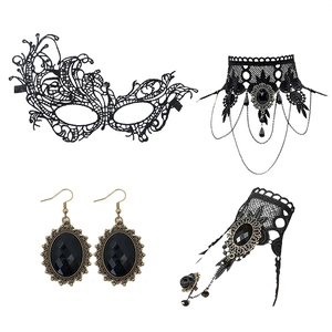 Gothic black lace mask with matching gemstone earrings and choker set for Halloween
