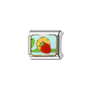 Macro shot of stainless steel modular charm link with red strawberry enamel pattern