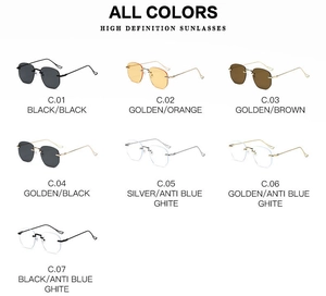 Grid layout showing seven color variants of rimless fashion sunglasses and blue light lenses