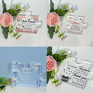Four unique transparent acrylic puzzle plaques for Mom, Sister, Teacher, and Friends