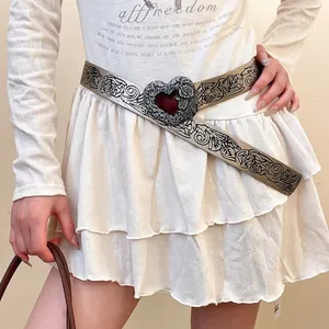 Vintage floral engraved silver belt featuring a large red heart buckle for women