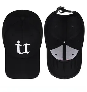 Detail of black cotton baseball cap showing white it embroidery and top eyelet vents