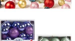 Detail of colorful Christmas ball ornaments in matte, shiny, and glitter finishes for holiday decor