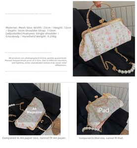 Detailed size comparison of floral embroidery shell bag with pearl handle and chain