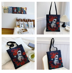 Artistic canvas tote bags with skull and pet prints displayed in home settings