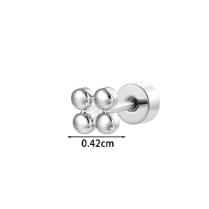 Minimalist silver clover stud earring with 0.42cm width measurement on white background