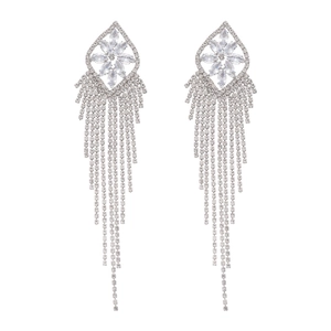 Silver drop earrings with geometric flower design and sparkling zircon tassels