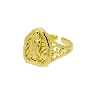 Detailed relief of Our Lady of Guadalupe on a gold-plated adjustable open heart ring