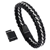 Detail of woven black leather bracelet with silver stitching and magnetic metal clasp