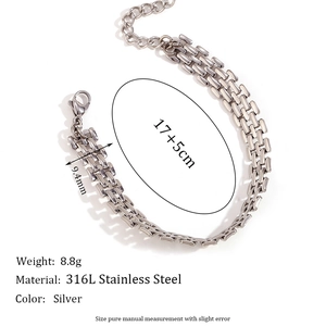 Detailed silver stainless steel woven watch-strap bracelet with size measurements