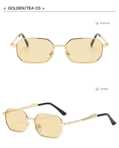 Detail view of golden octagonal metal sunglasses with tea lenses from multiple angles