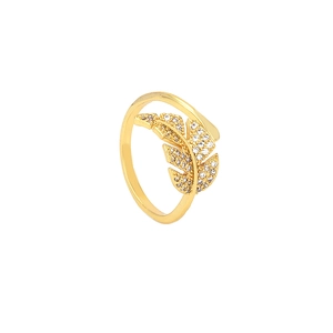 Vintage gold maple leaf open ring with micro-pave white cubic zirconia in 18K gold finish