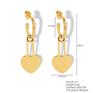 Macro detail of 18K gold plated heart-shaped stainless steel earrings with dimensions