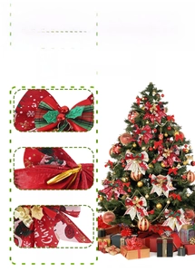 Detail view of linen Christmas bows with bells, showing textures and wire ties on a tree