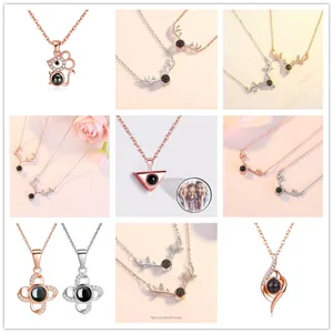Custom 100 languages I Love You projection necklace set in silver and rose gold finishes