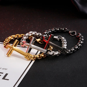 Men's titanium steel cross pendant bracelet set in gold, silver, and black finishes