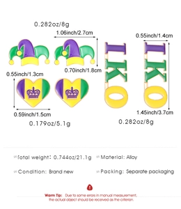 Detailed size and weight chart for colorful carnival clown hat and heart stud earrings