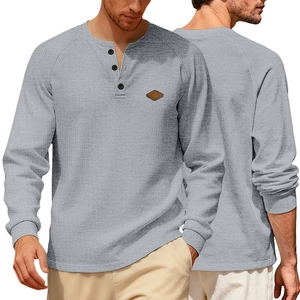 Men's waffle knit long sleeve Henley shirt in grey with raglan sleeves and chest patch