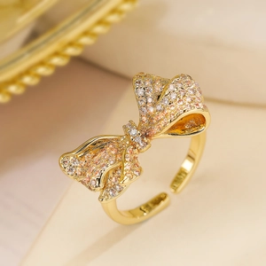 Bowknot Adjustable Open Ring Copper 18K Gold Plated Micro Paved Zircon Exquisite Fashion Jewelry For Women