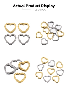 Detailed view of heart-shaped hollow metal frames with embossed texture in gold and silver