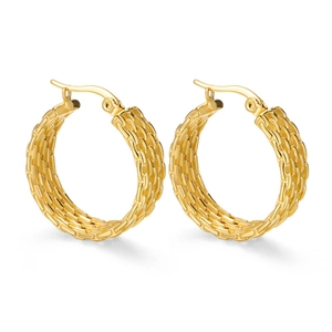 Polished gold stainless steel hoop earrings with textured woven pattern for women