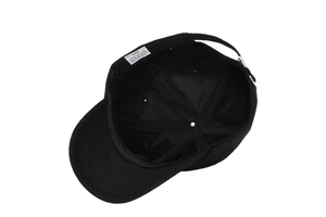 Detail view of cotton baseball cap interior with six-panel stitching and metal strap buckle