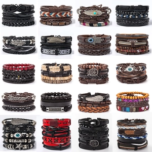 Multi-layer Leather Bracelet Adjustable Braided Wax Rope Hemp Cord Alloy Feather Charm Retro Ethnic Style Wristband Unisex