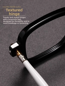 Detailed close-up of durable metal hinge on black and white square frame reading glasses